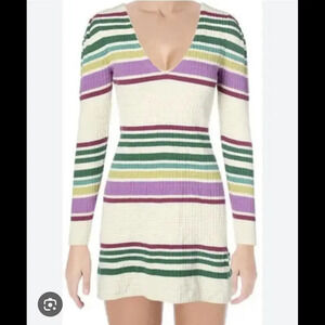 Free People Gidget Knit cotton purple green striped long sleeve dress size XS